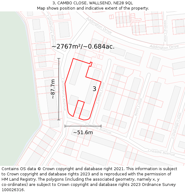3, CAMBO CLOSE, WALLSEND, NE28 9QL: Plot and title map