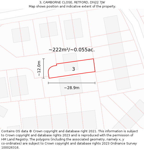 3, CAMBORNE CLOSE, RETFORD, DN22 7JW: Plot and title map