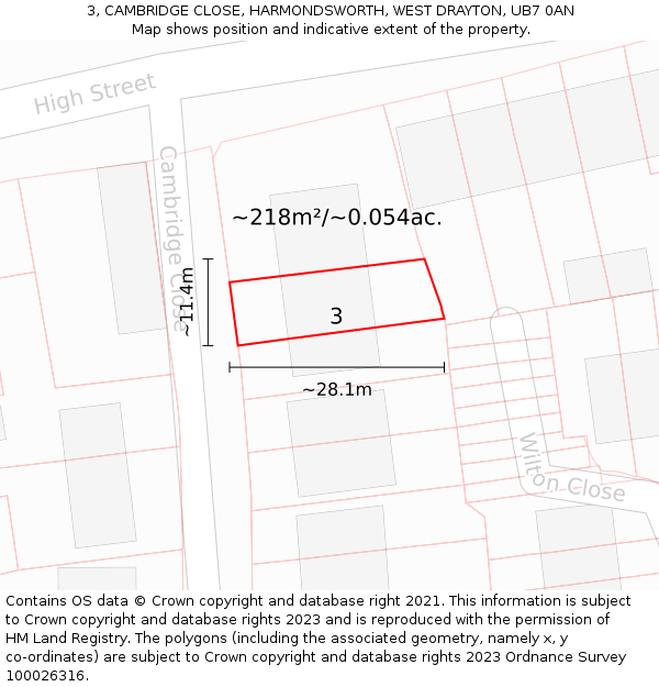 3, CAMBRIDGE CLOSE, HARMONDSWORTH, WEST DRAYTON, UB7 0AN: Plot and title map
