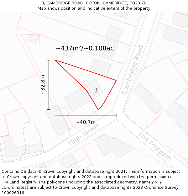 3, CAMBRIDGE ROAD, COTON, CAMBRIDGE, CB23 7PJ: Plot and title map