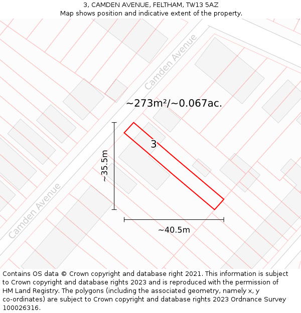 3, CAMDEN AVENUE, FELTHAM, TW13 5AZ: Plot and title map