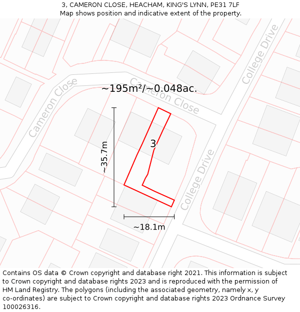 3, CAMERON CLOSE, HEACHAM, KING'S LYNN, PE31 7LF: Plot and title map