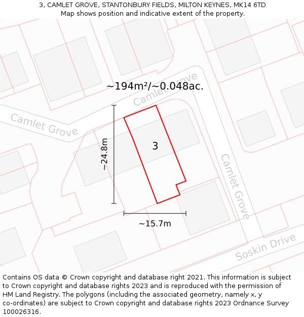 3, CAMLET GROVE, STANTONBURY FIELDS, MILTON KEYNES, MK14 6TD: Plot and title map