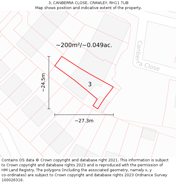 3, CANBERRA CLOSE, CRAWLEY, RH11 7UB: Plot and title map