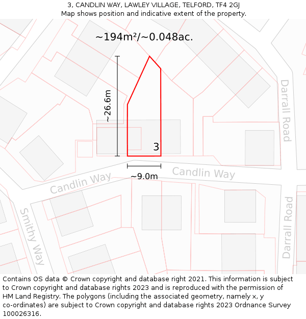 3, CANDLIN WAY, LAWLEY VILLAGE, TELFORD, TF4 2GJ: Plot and title map