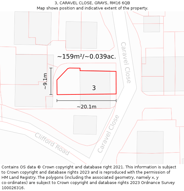 3, CARAVEL CLOSE, GRAYS, RM16 6QB: Plot and title map