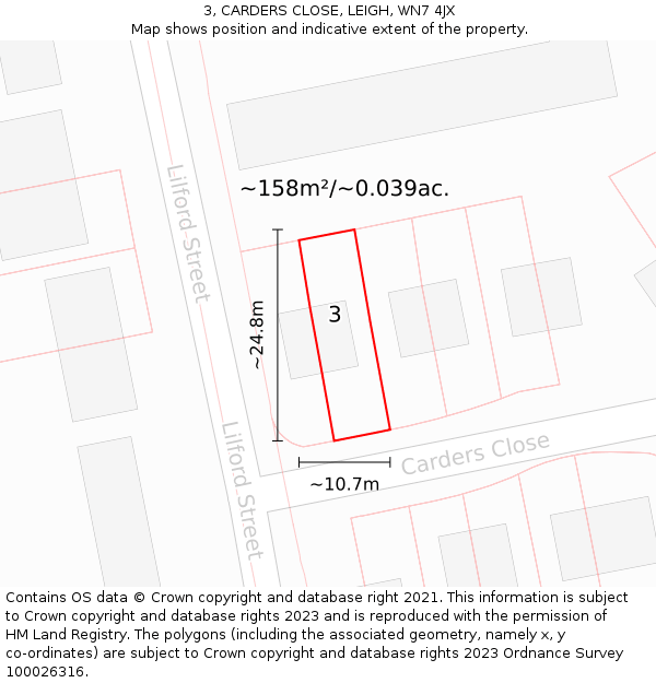 3, CARDERS CLOSE, LEIGH, WN7 4JX: Plot and title map