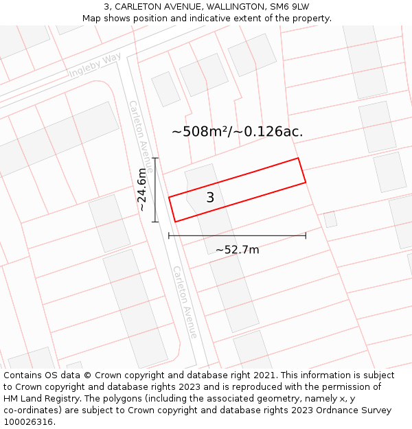 3, CARLETON AVENUE, WALLINGTON, SM6 9LW: Plot and title map