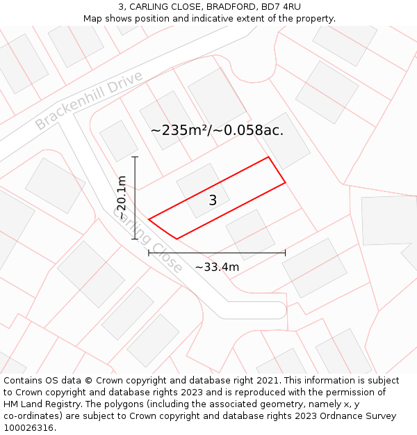3, CARLING CLOSE, BRADFORD, BD7 4RU: Plot and title map