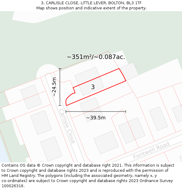 3, CARLISLE CLOSE, LITTLE LEVER, BOLTON, BL3 1TF: Plot and title map