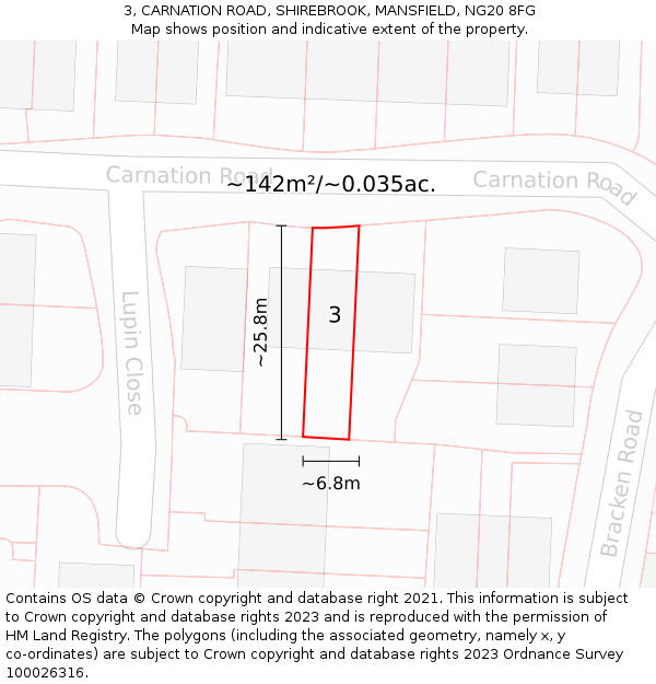 3, CARNATION ROAD, SHIREBROOK, MANSFIELD, NG20 8FG: Plot and title map