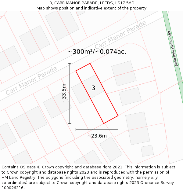 3, CARR MANOR PARADE, LEEDS, LS17 5AD: Plot and title map