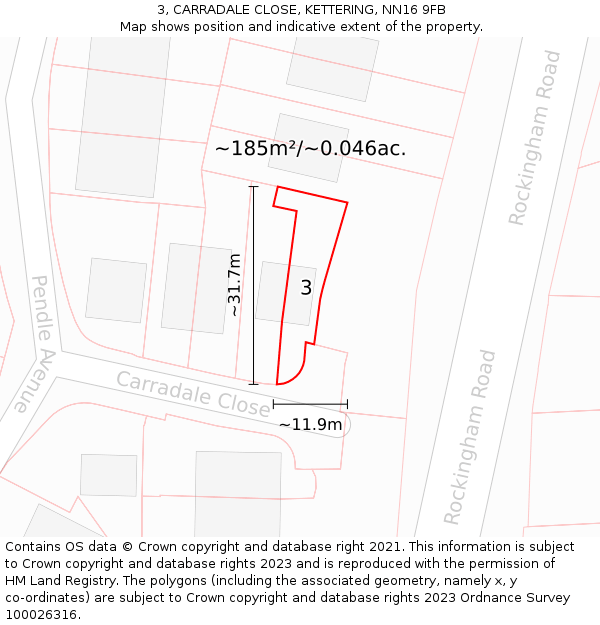 3, CARRADALE CLOSE, KETTERING, NN16 9FB: Plot and title map