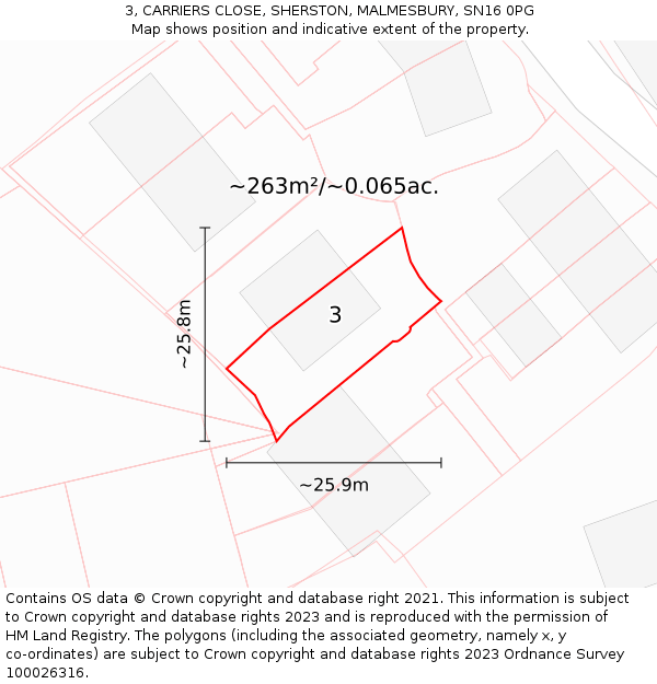 3, CARRIERS CLOSE, SHERSTON, MALMESBURY, SN16 0PG: Plot and title map