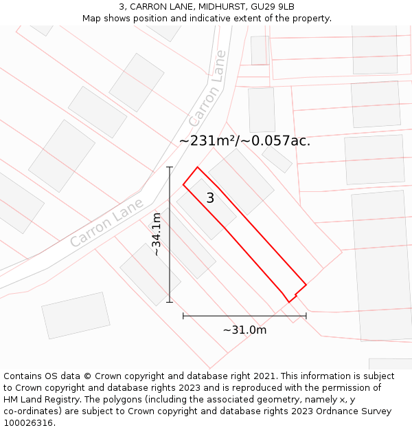 3, CARRON LANE, MIDHURST, GU29 9LB: Plot and title map