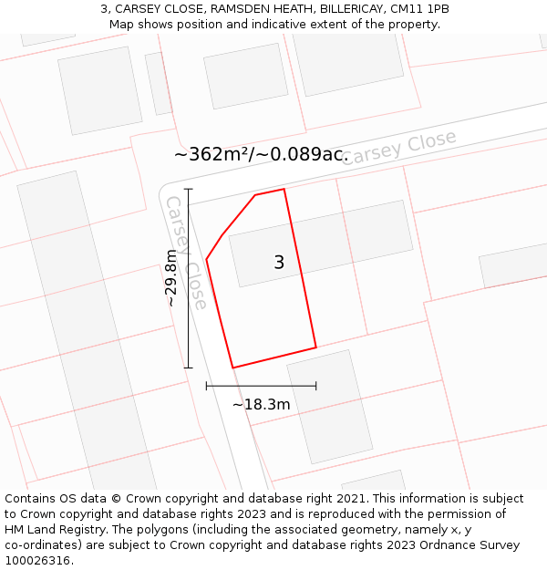 3, CARSEY CLOSE, RAMSDEN HEATH, BILLERICAY, CM11 1PB: Plot and title map
