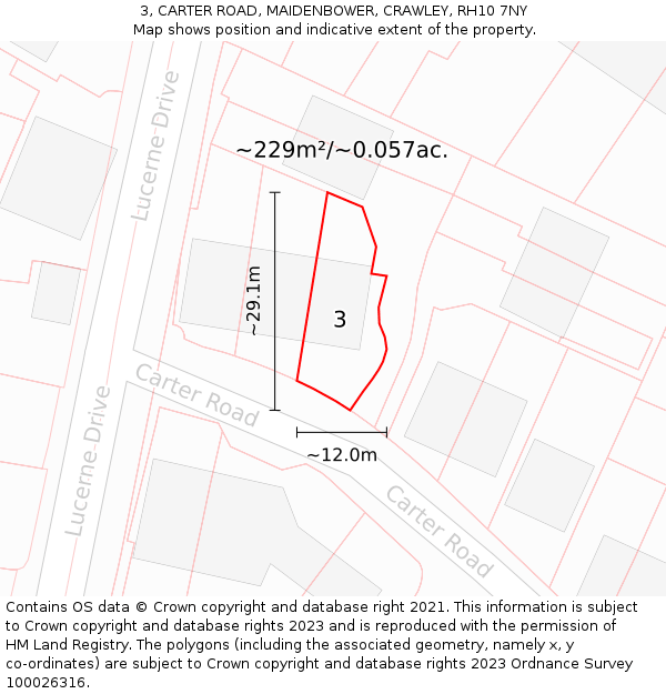 3, CARTER ROAD, MAIDENBOWER, CRAWLEY, RH10 7NY: Plot and title map
