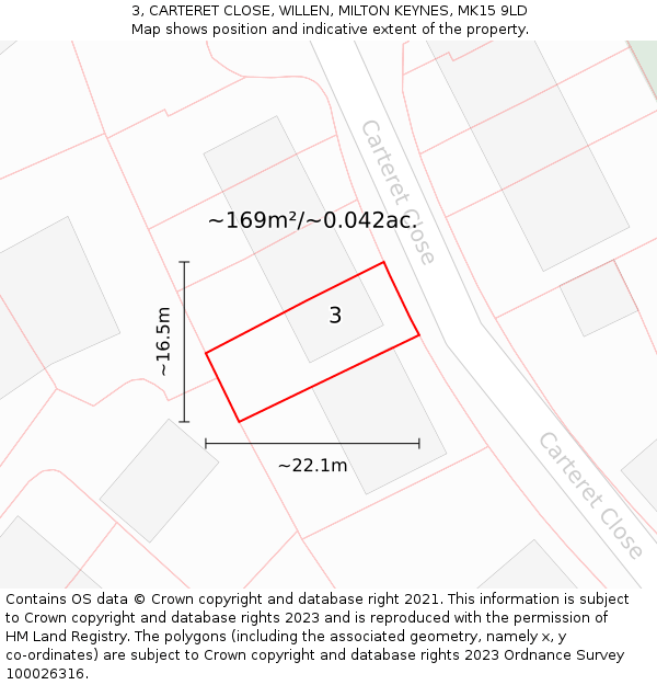 3, CARTERET CLOSE, WILLEN, MILTON KEYNES, MK15 9LD: Plot and title map