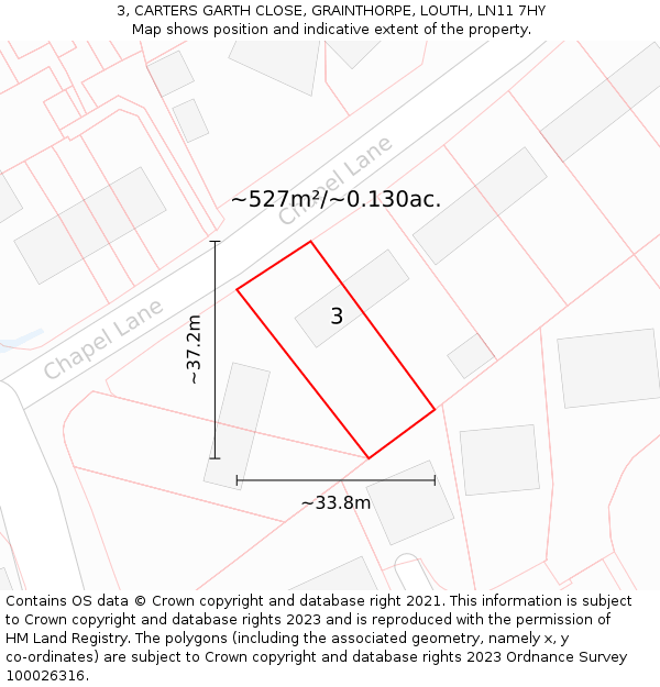 3, CARTERS GARTH CLOSE, GRAINTHORPE, LOUTH, LN11 7HY: Plot and title map