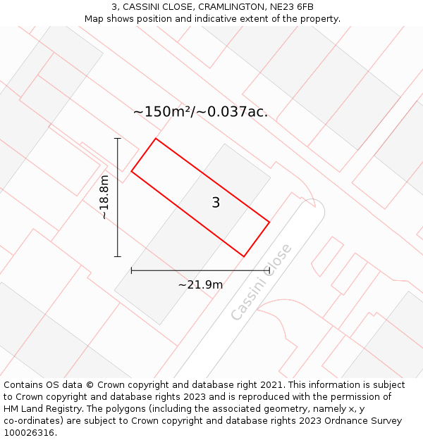 3, CASSINI CLOSE, CRAMLINGTON, NE23 6FB: Plot and title map