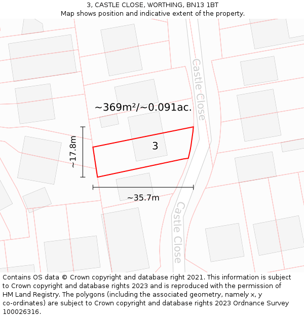 3, CASTLE CLOSE, WORTHING, BN13 1BT: Plot and title map