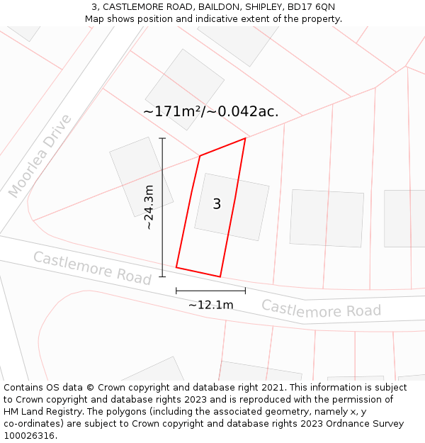 3, CASTLEMORE ROAD, BAILDON, SHIPLEY, BD17 6QN: Plot and title map