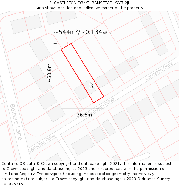 3, CASTLETON DRIVE, BANSTEAD, SM7 2JL: Plot and title map