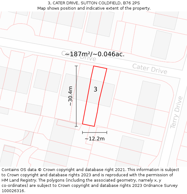 3, CATER DRIVE, SUTTON COLDFIELD, B76 2PS: Plot and title map