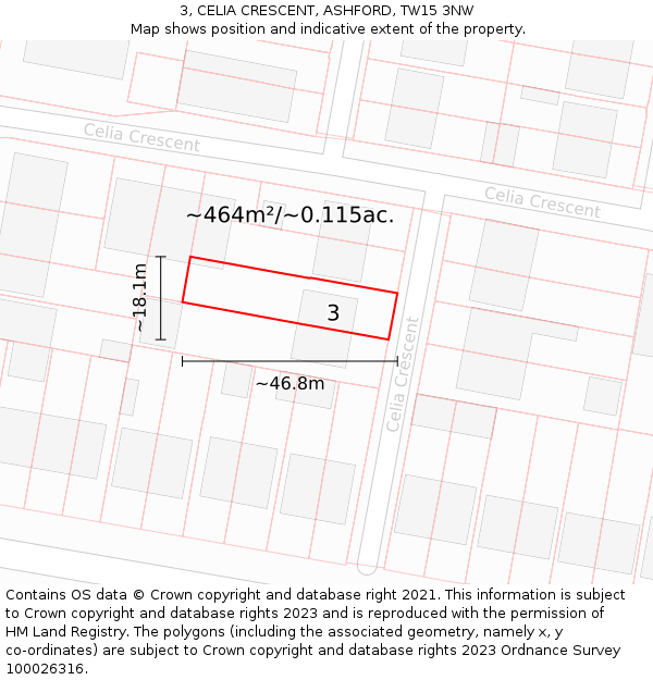 3, CELIA CRESCENT, ASHFORD, TW15 3NW: Plot and title map