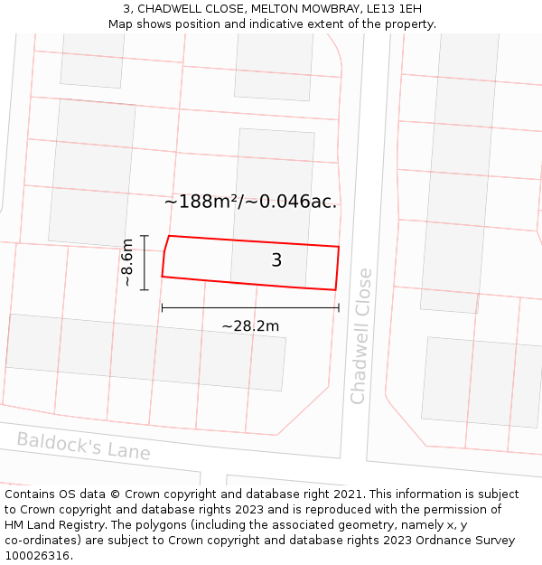 3, CHADWELL CLOSE, MELTON MOWBRAY, LE13 1EH: Plot and title map