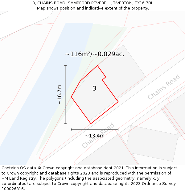 3, CHAINS ROAD, SAMPFORD PEVERELL, TIVERTON, EX16 7BL: Plot and title map