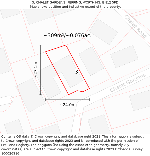3, CHALET GARDENS, FERRING, WORTHING, BN12 5PD: Plot and title map