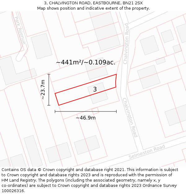 3, CHALVINGTON ROAD, EASTBOURNE, BN21 2SX: Plot and title map