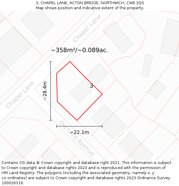 3, CHAPEL LANE, ACTON BRIDGE, NORTHWICH, CW8 3QS: Plot and title map