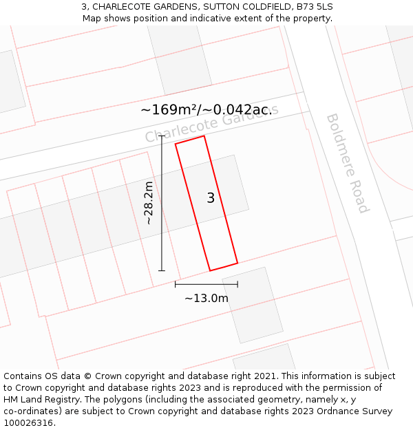 3, CHARLECOTE GARDENS, SUTTON COLDFIELD, B73 5LS: Plot and title map