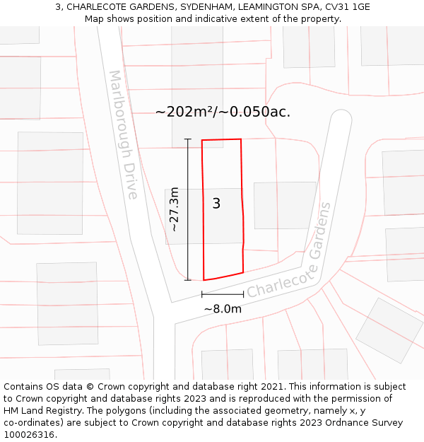 3, CHARLECOTE GARDENS, SYDENHAM, LEAMINGTON SPA, CV31 1GE: Plot and title map