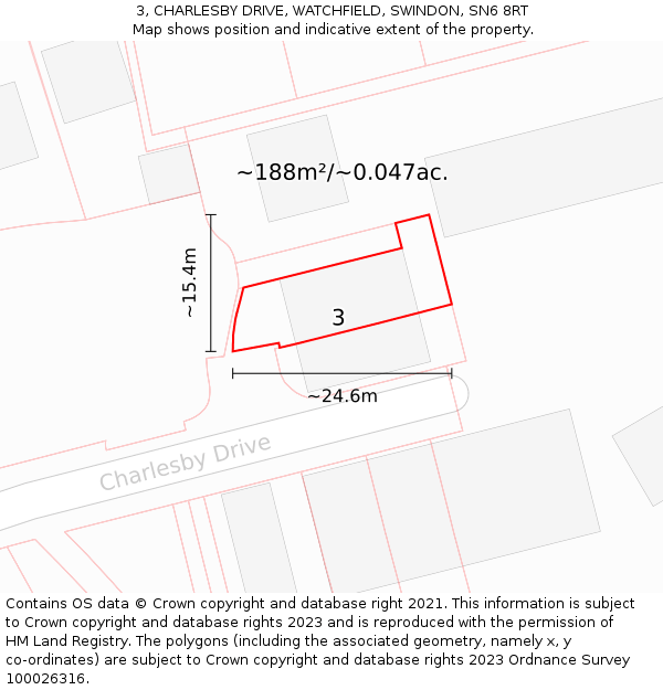 3, CHARLESBY DRIVE, WATCHFIELD, SWINDON, SN6 8RT: Plot and title map