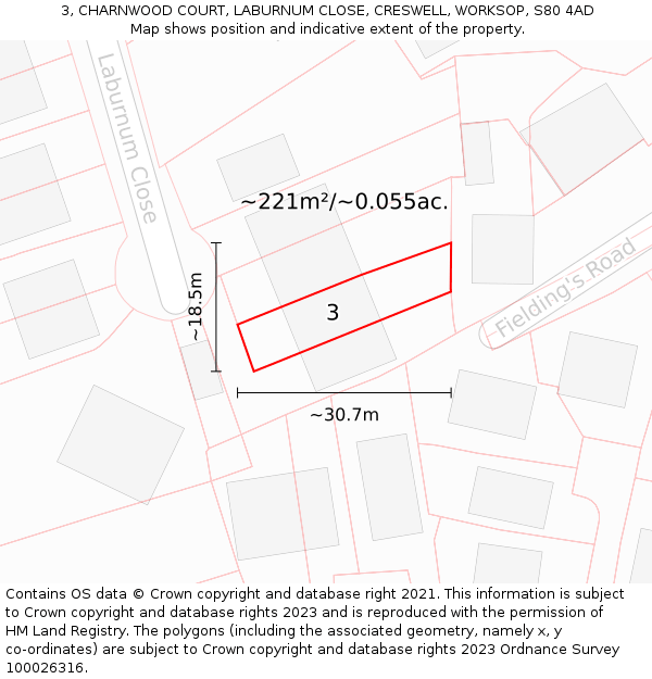 3, CHARNWOOD COURT, LABURNUM CLOSE, CRESWELL, WORKSOP, S80 4AD: Plot and title map