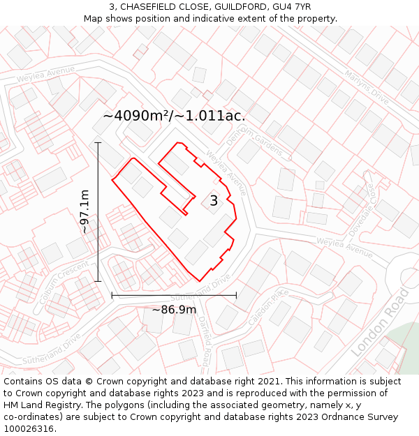 3, CHASEFIELD CLOSE, GUILDFORD, GU4 7YR: Plot and title map
