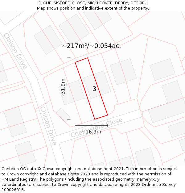 3, CHELMSFORD CLOSE, MICKLEOVER, DERBY, DE3 0PU: Plot and title map