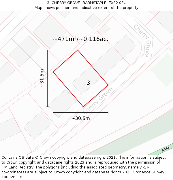 3, CHERRY GROVE, BARNSTAPLE, EX32 9EU: Plot and title map
