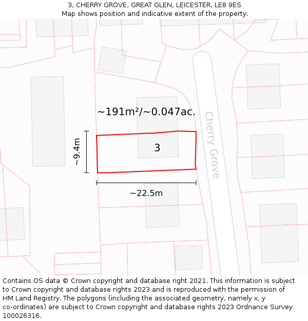 3, CHERRY GROVE, GREAT GLEN, LEICESTER, LE8 9ES: Plot and title map