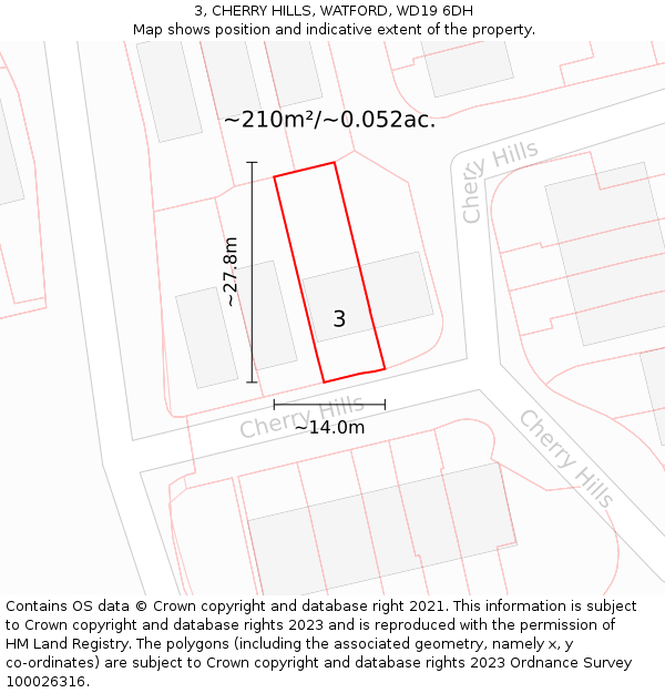 3, CHERRY HILLS, WATFORD, WD19 6DH: Plot and title map
