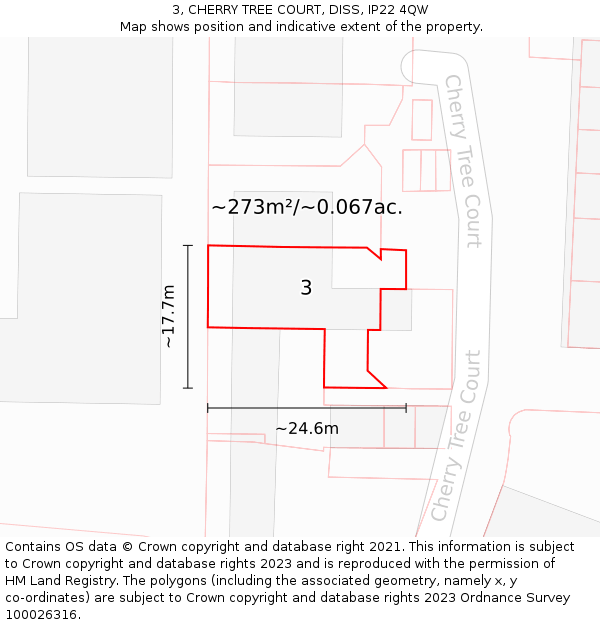 3, CHERRY TREE COURT, DISS, IP22 4QW: Plot and title map