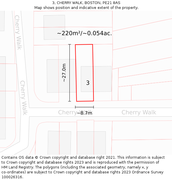 3, CHERRY WALK, BOSTON, PE21 8AS: Plot and title map