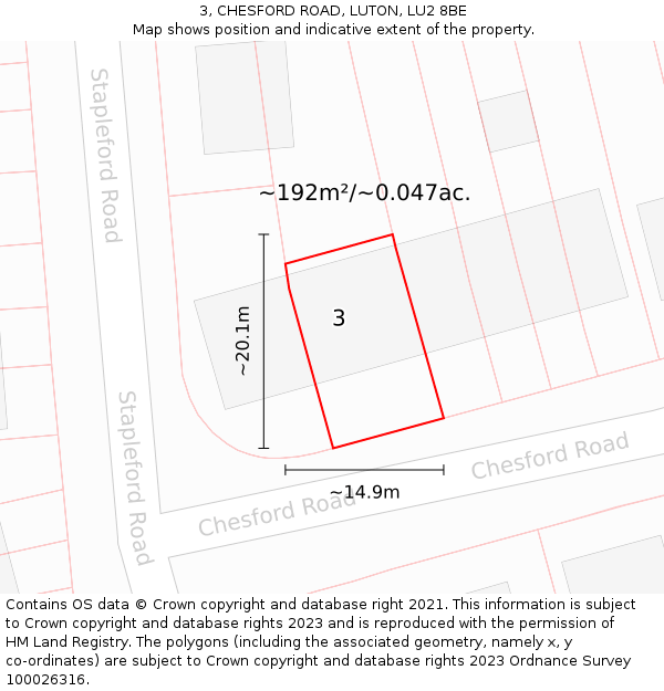 3, CHESFORD ROAD, LUTON, LU2 8BE: Plot and title map