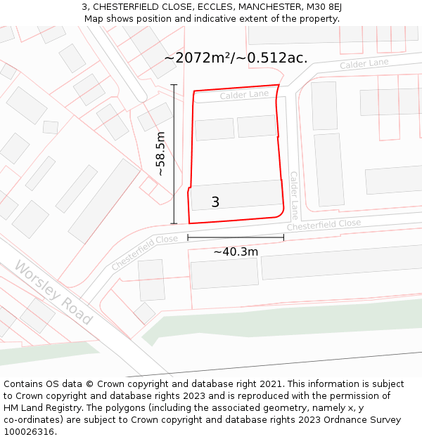 3, CHESTERFIELD CLOSE, ECCLES, MANCHESTER, M30 8EJ: Plot and title map