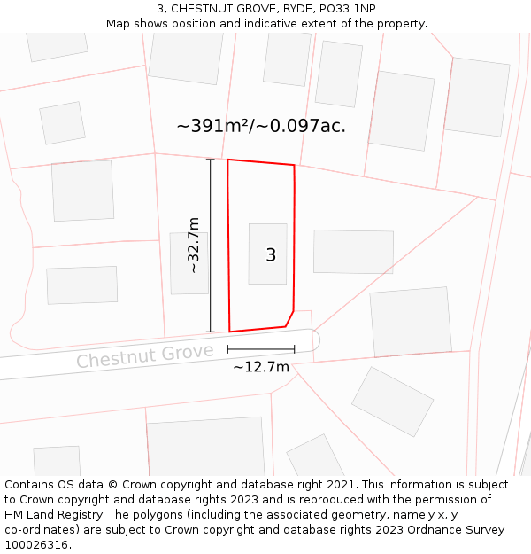 3, CHESTNUT GROVE, RYDE, PO33 1NP: Plot and title map