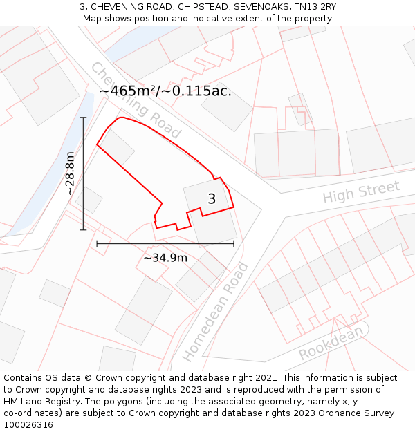 3, CHEVENING ROAD, CHIPSTEAD, SEVENOAKS, TN13 2RY: Plot and title map
