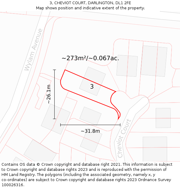 3, CHEVIOT COURT, DARLINGTON, DL1 2FE: Plot and title map